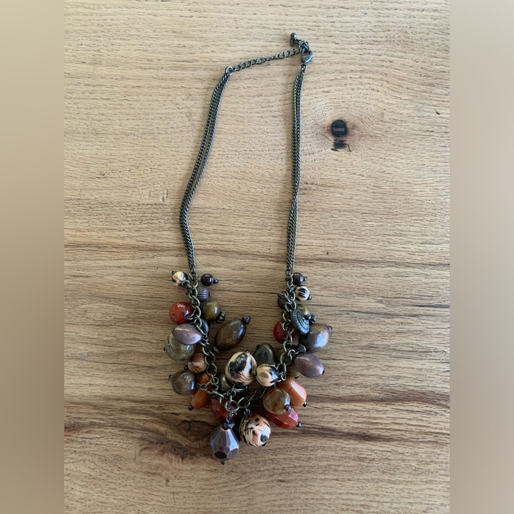Cluster Glass Beaded Necklace Rust Brown Ivory Bronze Chain Women’s Preloved